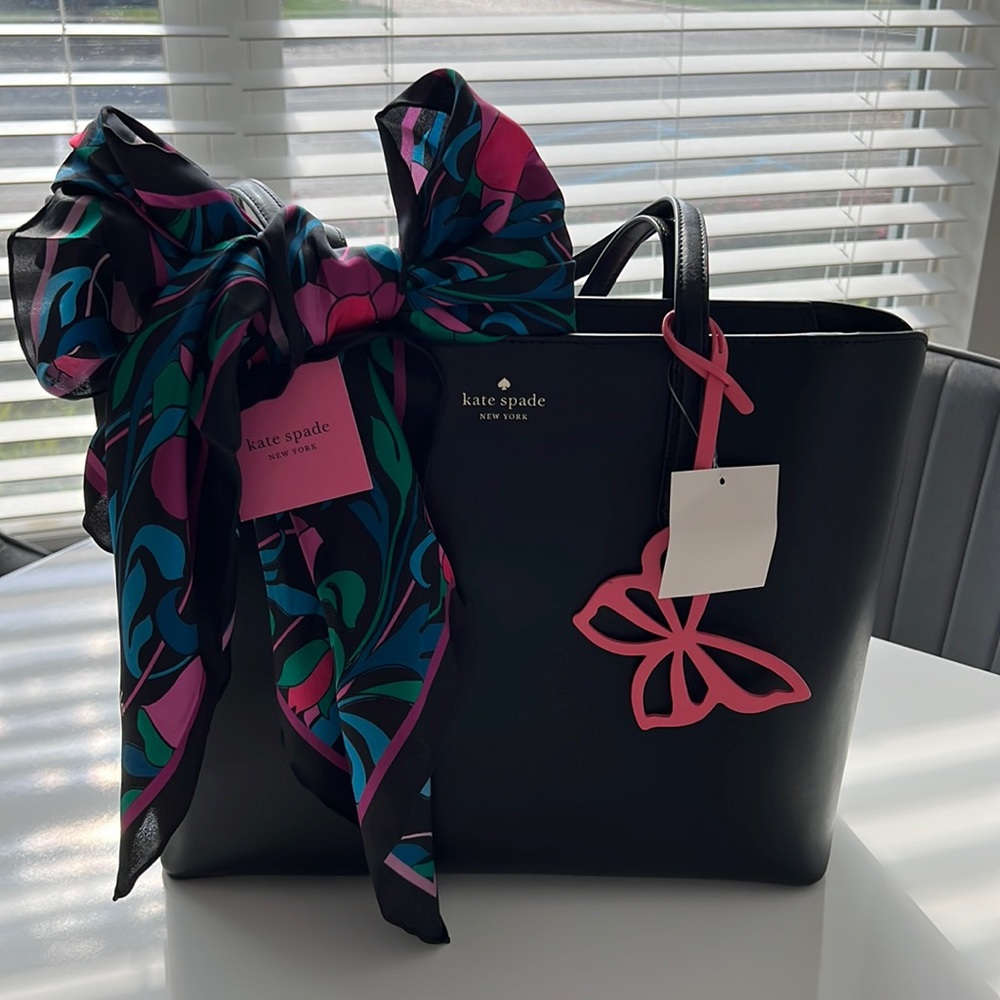 Kate Spade Black Tote Purse With Matching Printed Purse Scarf And ButterflyCharm